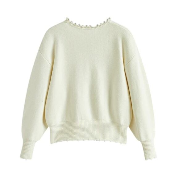 Cream Pearl Trim Knit Cardigan Sweater – Commense Size XL - Picture 3 of 7